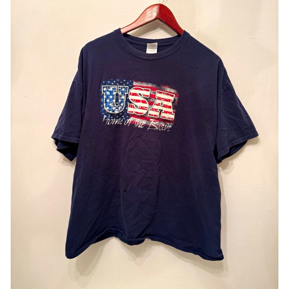 Gildan Heavy Cotton Men’s 2XL Blue USA Patriotic Graphic T-Shirt Crew Neck